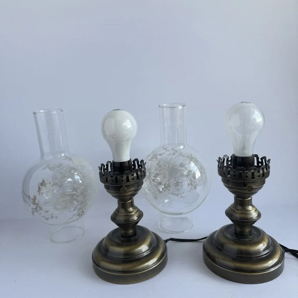 Victorian VTG Glass Hurricane Lamps (2) Floral Globe Cottagecore Praire